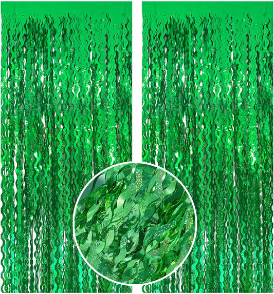 Green Tinsel Foil Fringe Curtains Wavy Backdrop for Parties Sparkle Metallic Wavy Foil Fringe Backdrop Curtain for Party Decorations Photo Booth Props for Birthday Graduation Wedding