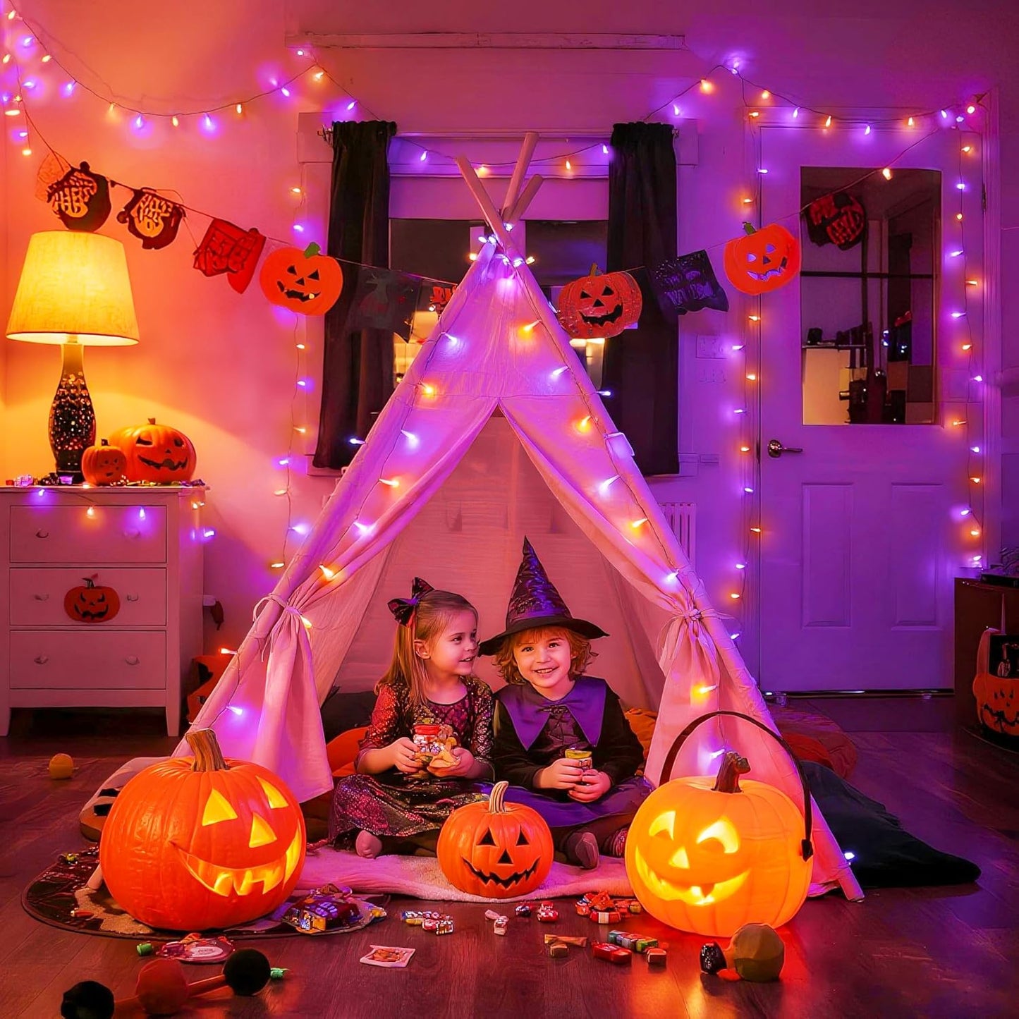 JMEXSUSS 600 LED Christmas String Lights Outdoor, Orange and Purple Lights Clear Wire, Christmas Twinkle String Lights Plug in for Tree Christmas Decorations