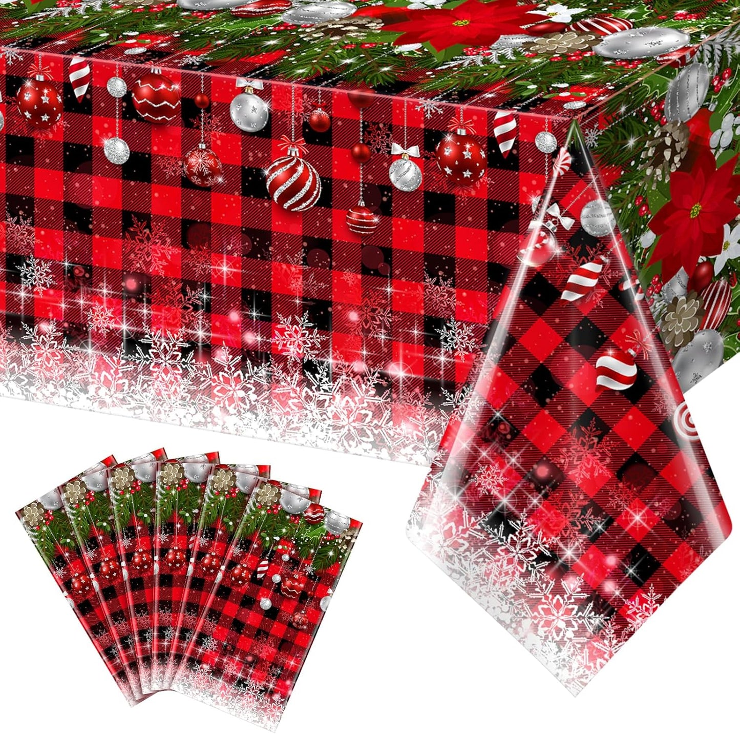 6Pcs Christmas Buffalo Plaid Snowflake Tablecloths,Plastic Red and Black Checkered Rectangle Christmas Tree Color Ball Table Cover for Winter Christmas New Year Holiday Party Decorations,54x108 inch