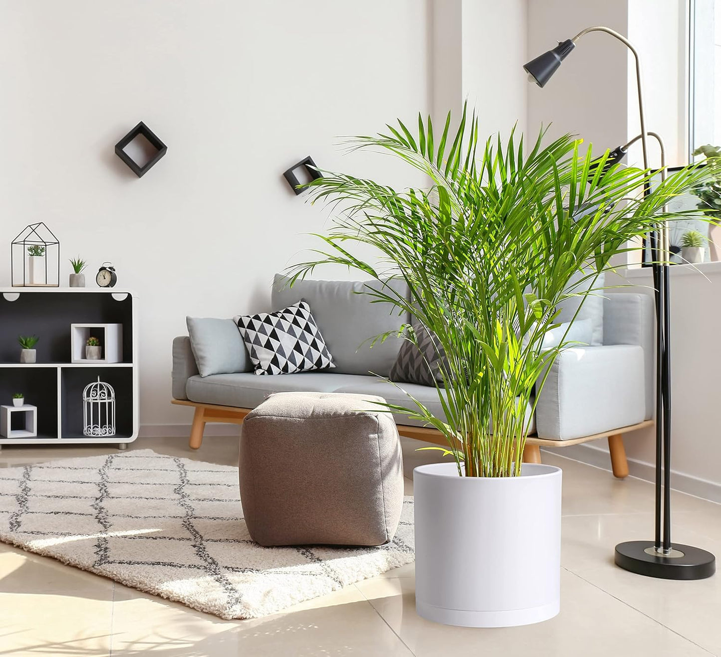 D'vine Dev 2 Pack 14 Inch Modern Plastic Plant Pots, Cylindrical Garden Planters for Plants with Drainage Holes and Saucers, White, 74-Z-Q-1