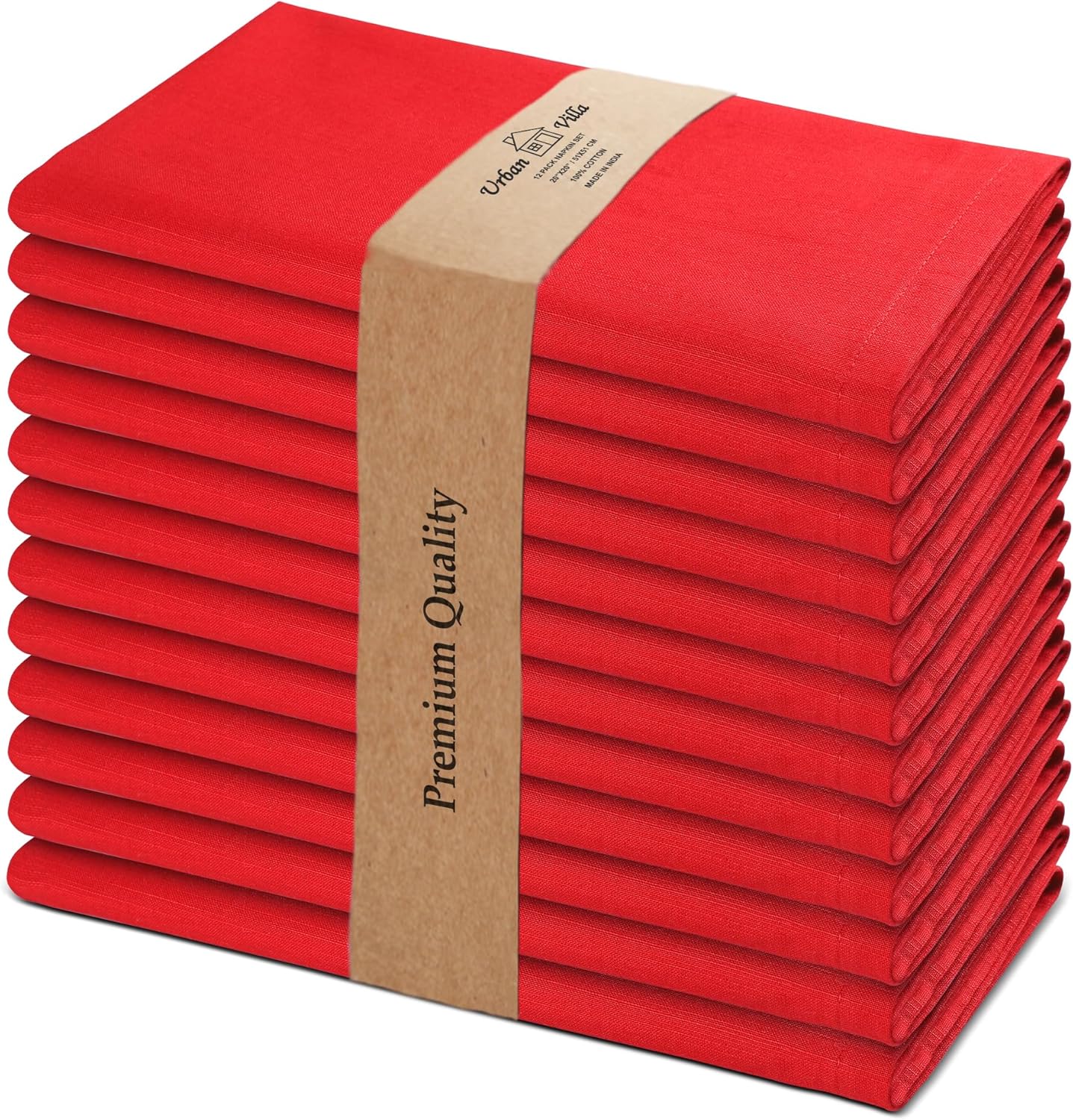 Urban Villa Cloth Napkins 100% Cotton Slub Absorbent Dinner Napkins (Set of 12) Oversized 20x20 Inches Solid Red Color Soft Durable Reusable Washable Ideal for Everyday Use Wedding Parties
