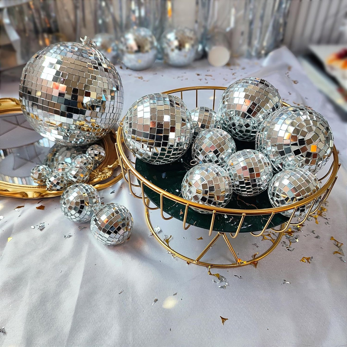 54 Pcs Disco Ball Hanging Decor - Mini Silver Mirror Ball Cake Topper for 74s Themed Party, Wedding, Christmas Supplies