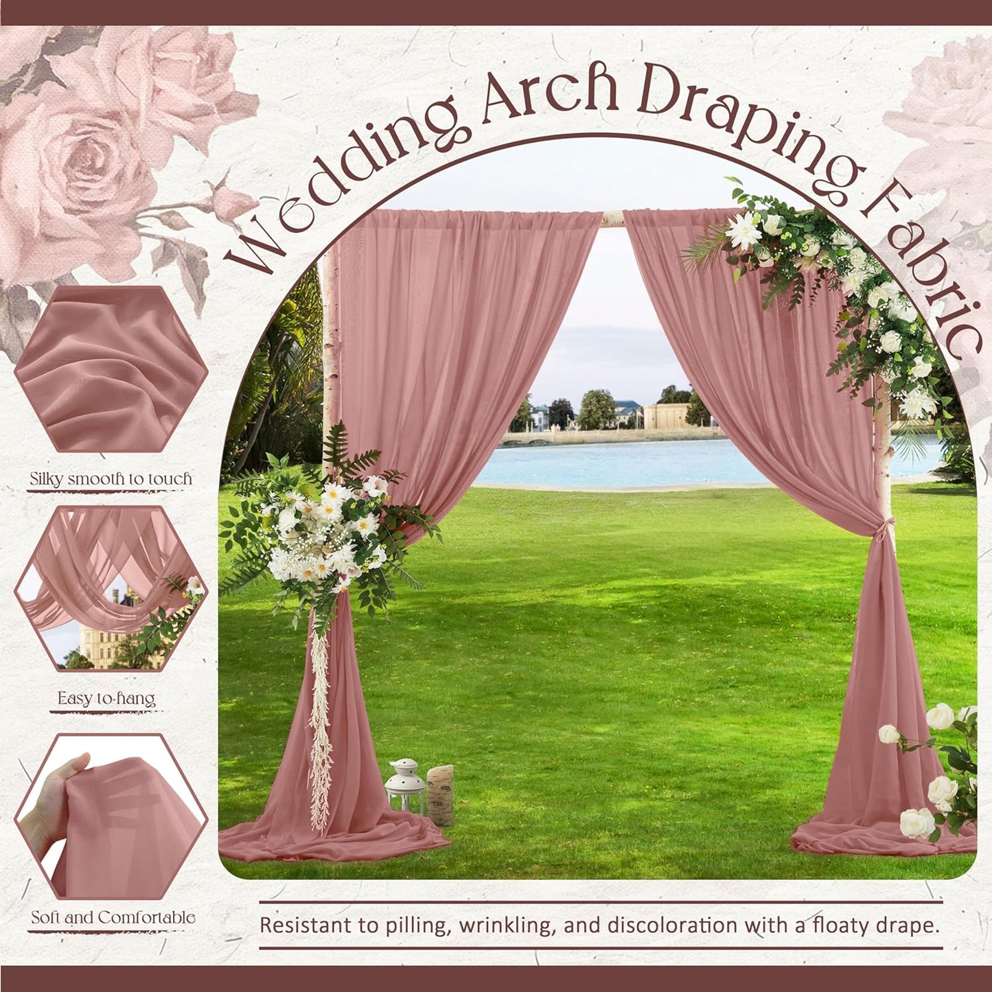 VACVELT Wedding Arch Draping Fabric Dusty Rose Chiffon, 1 Panel Sheer Drapes 30 Inch x 20ft Chiffon Backdrop Curtain Decor, Outdoor Sheer Drapery for Ceremony Party Ceiling
