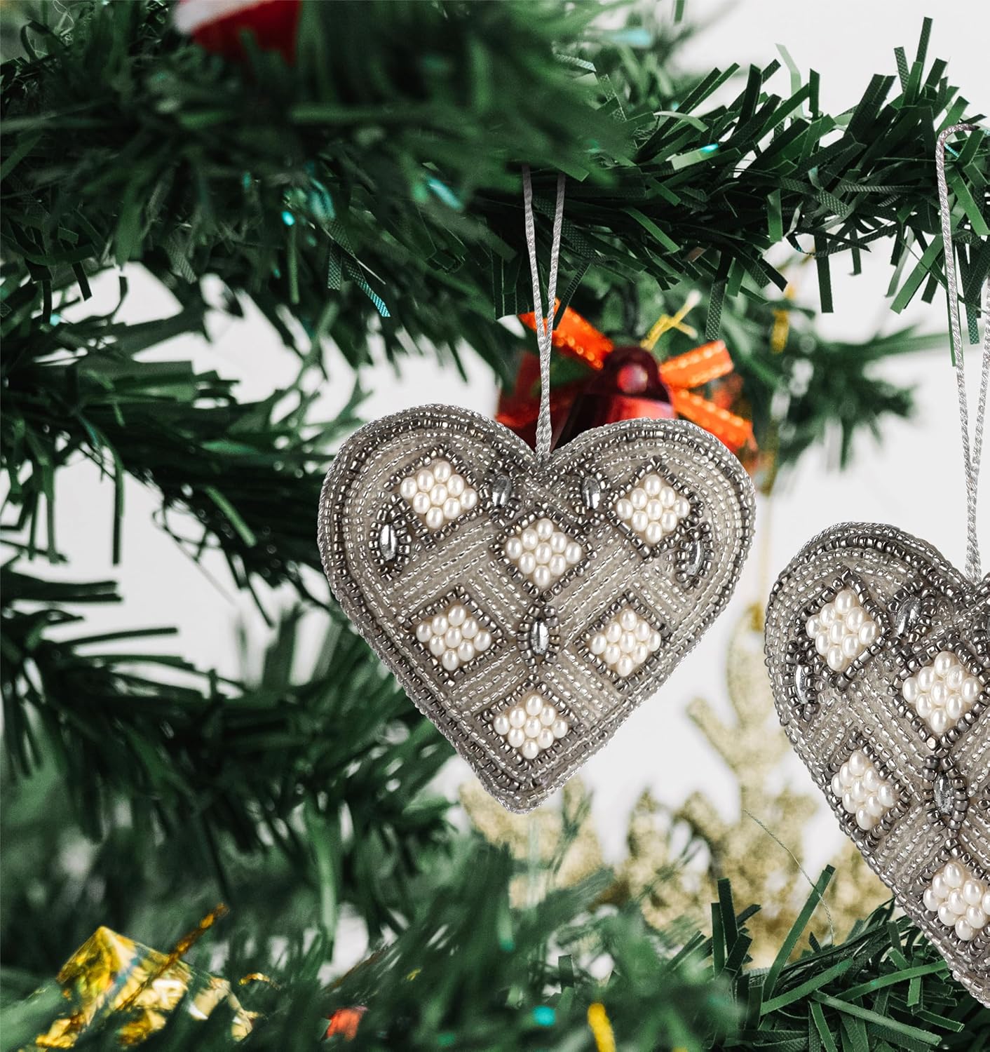 Beaded Heart Hanging Ornaments with Twine - Home Decor Modern Style Beaded Decorative Ornaments for Living Room, Bedroom, Office Desktop, Cabinets - Set of 6 (Grey) - CLEENTABLE