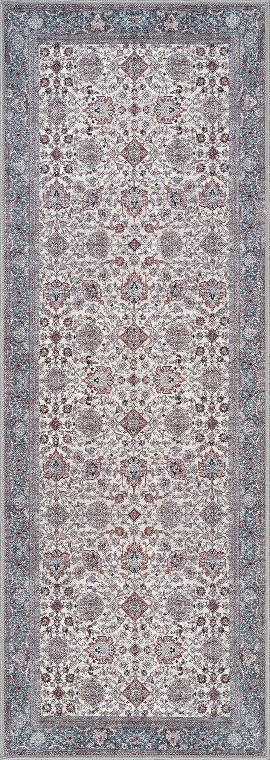 Bloom Rugs Washable Non-Slip 12 ft Runner - Teal/Blue/Beige Traditional Oriental Runner for Entryway, Hallway, Bathroom, and Kitchen - Exact Size: 2.5' x 12'