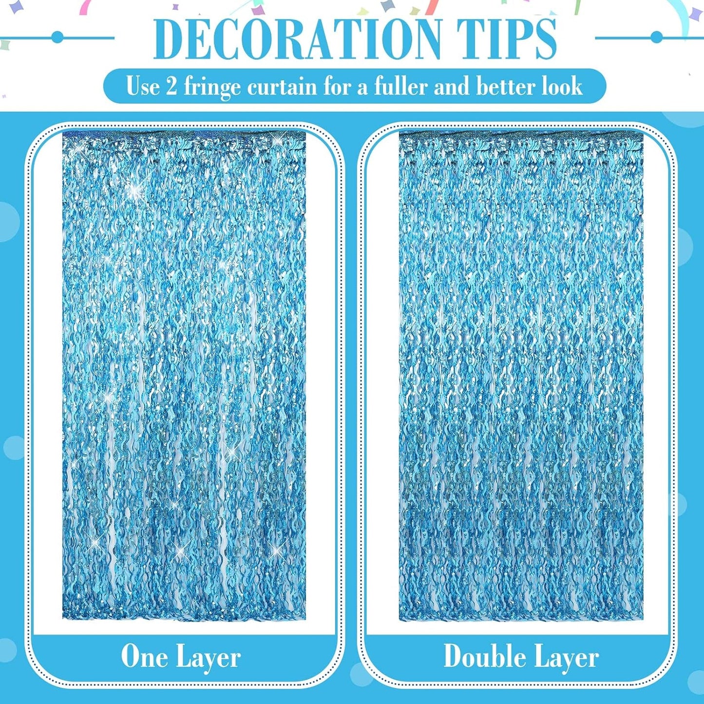 Jutom 6 Pieces 3.3 x 6.6 ft Wavy Tinsel Foil Fringe Curtains Foil Fringe Streamer Backdrop Party Curtain for Sea Mermaid Baby Shower Birthday Party Decoration(Light Blue)