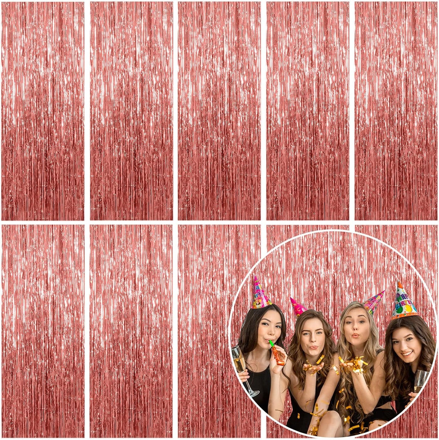 10 Pack Foil Curtain Backdrop Rose Gold Metallic Tinsel Foil Fringe Curtains Photo Booth Props for Birthday Wedding Engagement Baby Shower Bachelorette Christmas Holiday Celebration Party Decorations