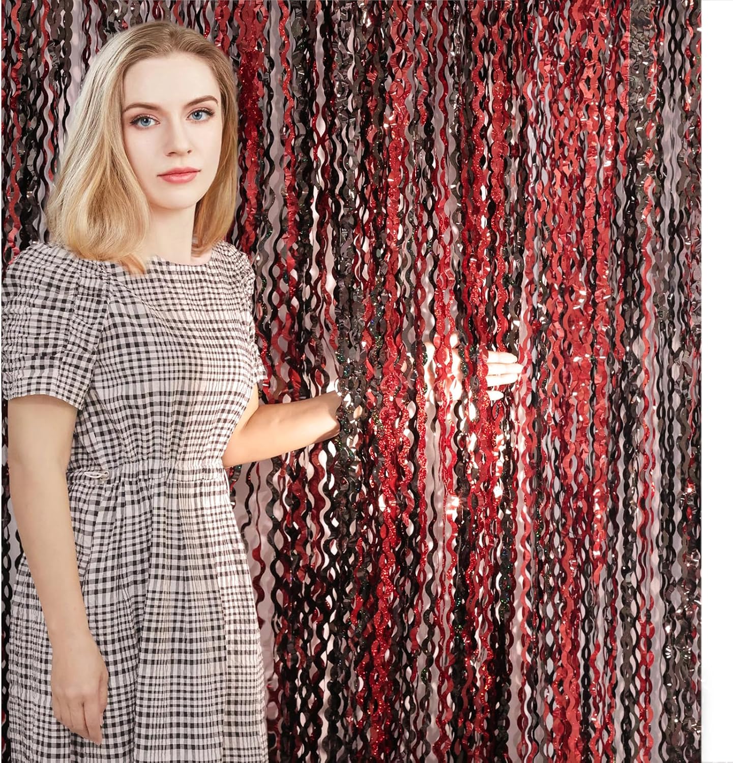 4 Pack 3.3x6.6 ft Red and Black Foil Fringe Backdrop Curtains - Wavy Tinsel Streamers Birthday Birthay Decorations, Fringe Backdrop for Graduation, Xmas, Disco Party