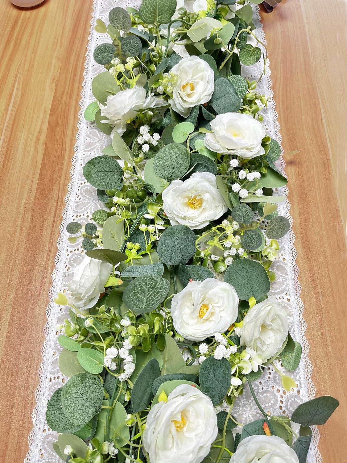 2 Pack 12Ft Artificial Eucalyptus Flower Garland with White Roses, Fake Flowers Greenery Garland Flower Vines for Wedding Party Mantle Table Runner Spring Summer Home Decor (2PCS,White