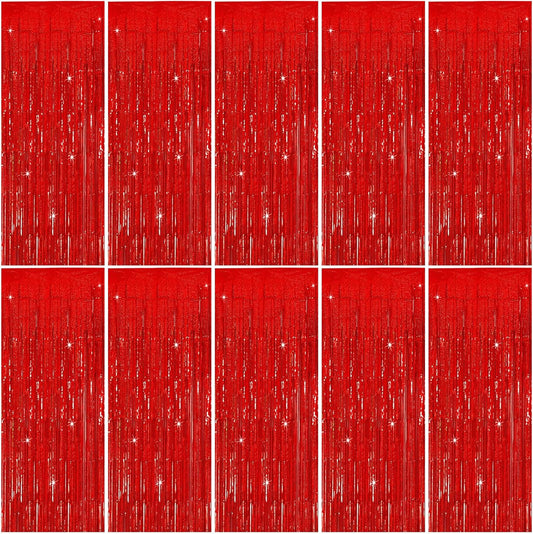 Tinsel Curtain Party Backdrop Red Birthday Decorations 10 Packs Glitter Foil Fringe Curtain Party Decor Streamers Photo Booth for Birthday Christmas Wedding Halloween Graduation Decorations