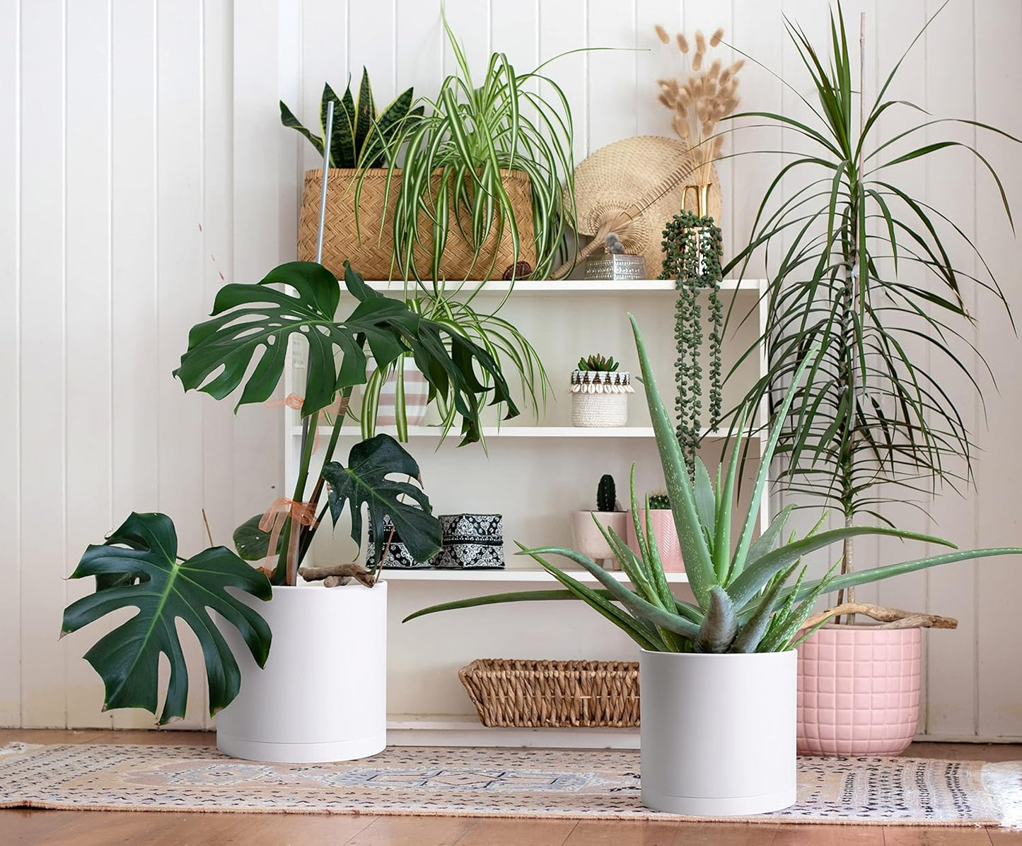 D'vine Dev 2 Pack 12 Inch Modern Plastic Plant Pots, Cylindrical Garden Planters for Plants with Drainage Holes and Saucers, White, 74-Z-P-1