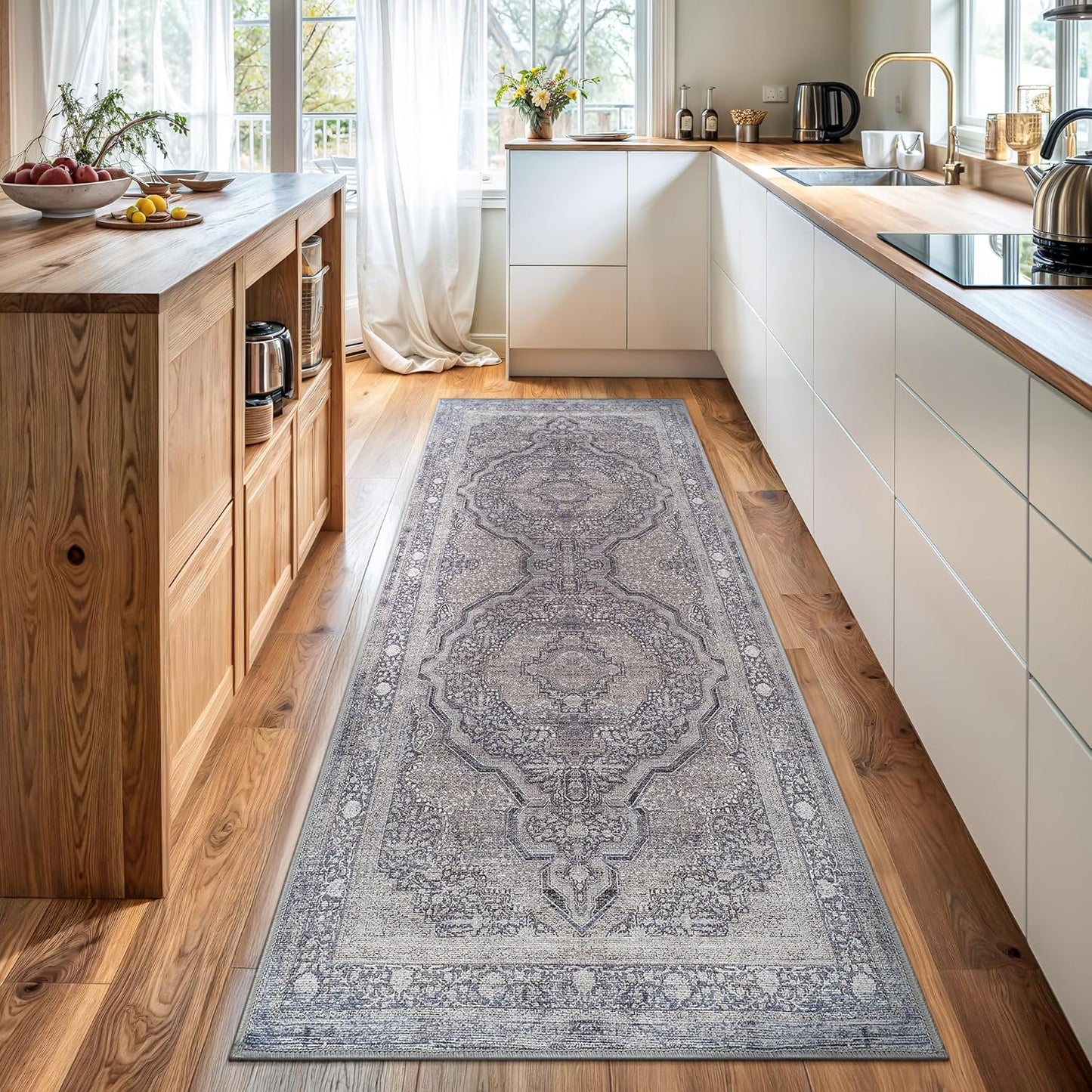 Bloom Rugs Washable Non-Slip 12 ft Runner - Blue/Steel Gray/Beige Traditional Medallion Runner for Entryway, Hallway, Bathroom, and Kitchen - Exact Size: 2.5' x 12'