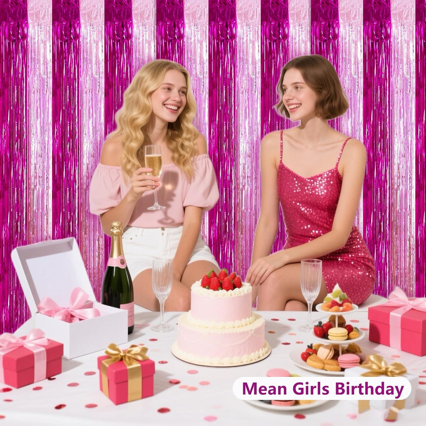 BEISHIDA Hot Pink Pink Door Streamers Backdrop Foil Fringe Tinsel Party Streamers Curtains Photo Backdrop -2Pcs for Birthday Graduation Bachelorette Party Decoations