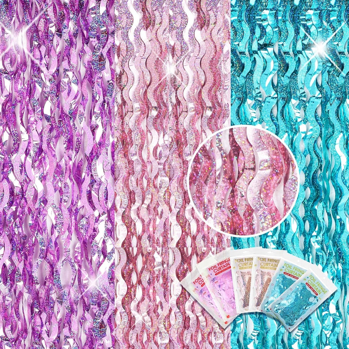 Jutom 6 Pieces 3.3 x 6.6 ft Wavy Tinsel Foil Fringe Curtains Foil Fringe Streamer Backdrop Party Curtain for Sea Mermaid Baby Shower Birthday Party Decoration(Purple, Pink, Blue Green)