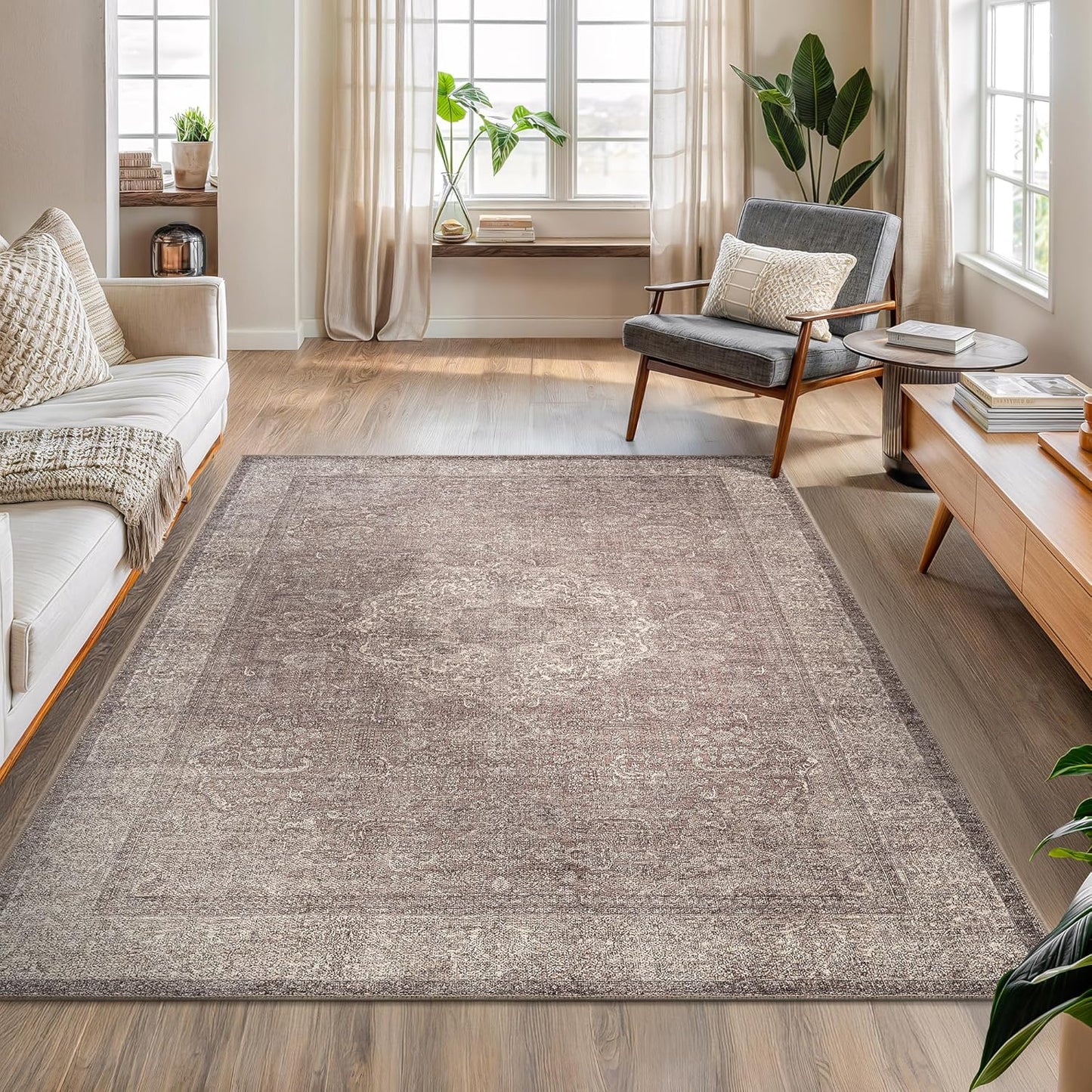 Bloom Rugs Washable Non-Slip 5' x 7' Rug - Taupe/Beige Traditional Medallion Area Rug for Living Room, Bedroom, Dining Room, and Kitchen - Exact Size: 5' x 7'