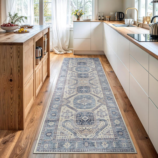 Bloom Rugs Washable Non-Slip 12 ft Runner - Blue/Beige Traditional Oriental Runner for Entryway, Hallway, Bathroom, and Kitchen - Exact Size: 2.5' x 12'
