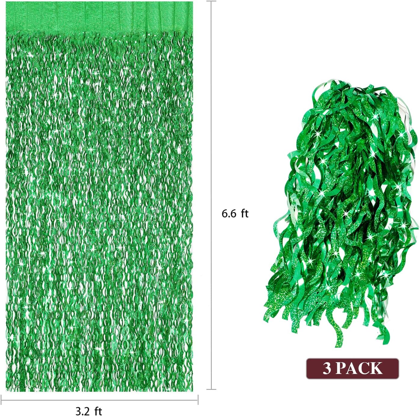 Green Foil Backdrop Curtain - CYLMFC 3 Pack 3.3 ft x 6.6 ft Birthday Streamers Party Curtains Decorations Backdrop Xmas Graduation Decor