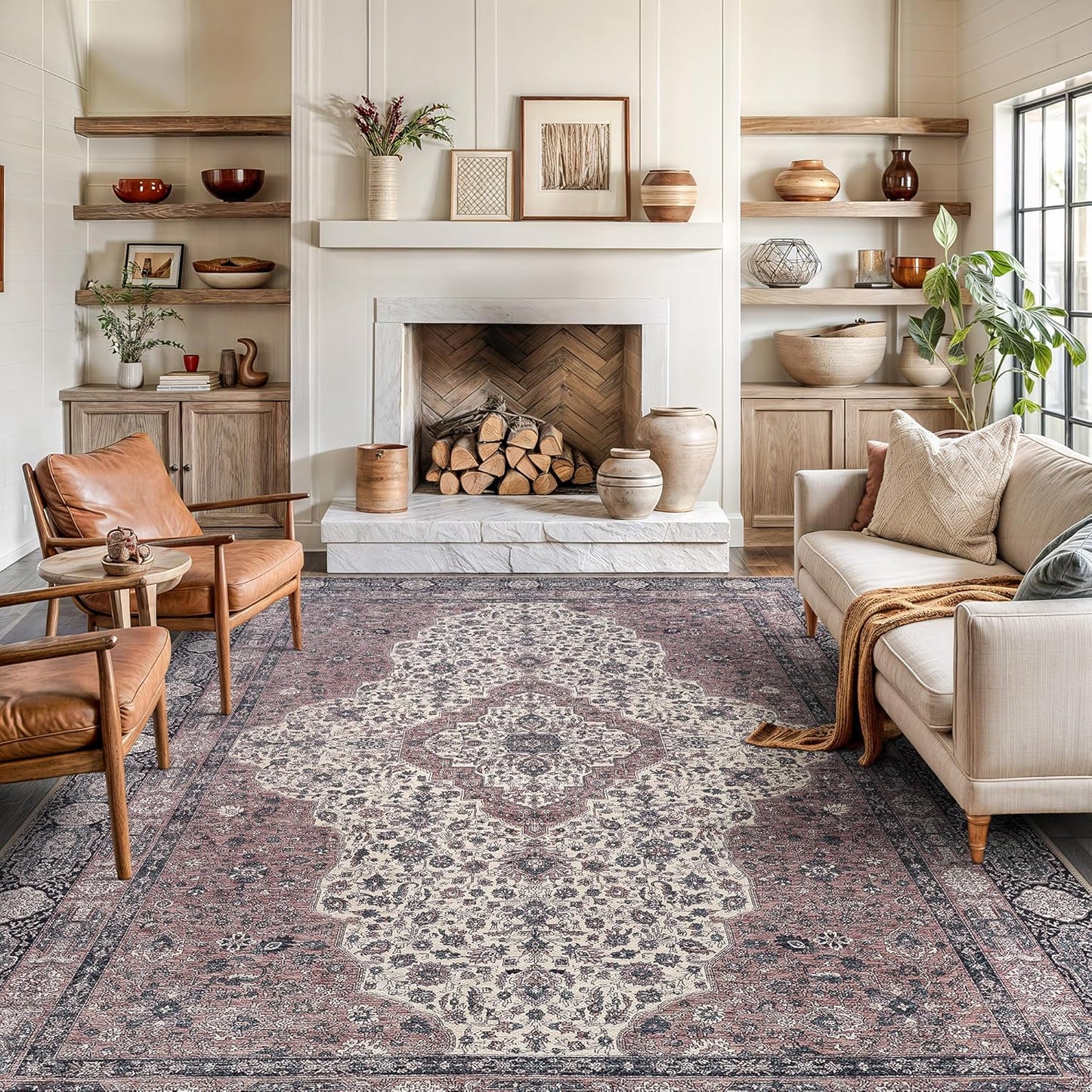 Bloom Rugs Washable Non-Slip 9' x 12' Rug - Cream/Green Traditional Medallion Area Rug for Living Room, Bedroom, Dining Room, and Kitchen - Exact Size: 9' x 12'