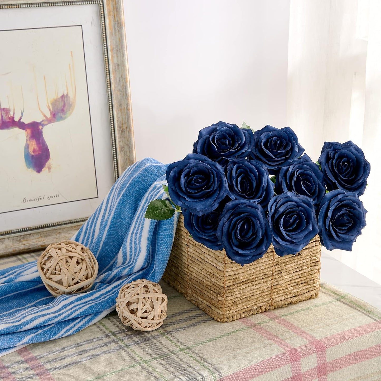 Artificial Rose 10pcs Open Flower Bouquet Navy Blue Faux Rose Stems for Wedding Arrangement, Bridal Bouquet, Centerpiece, Fake Faux Silk Flowers