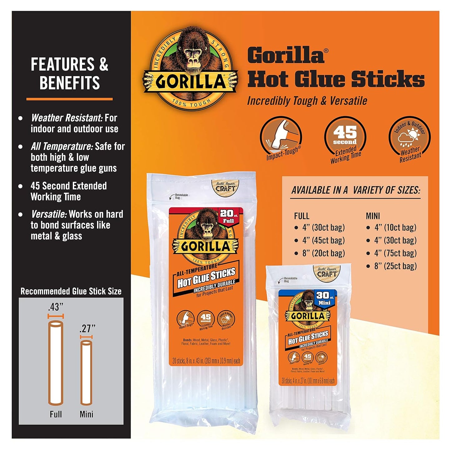 Gorilla Hot Glue Sticks, Clear Glue, Full Size 4" Long x 0.43" Diameter, 45 Count (Pack of 1) - Safe for All Temperatures with Extended Working Time
