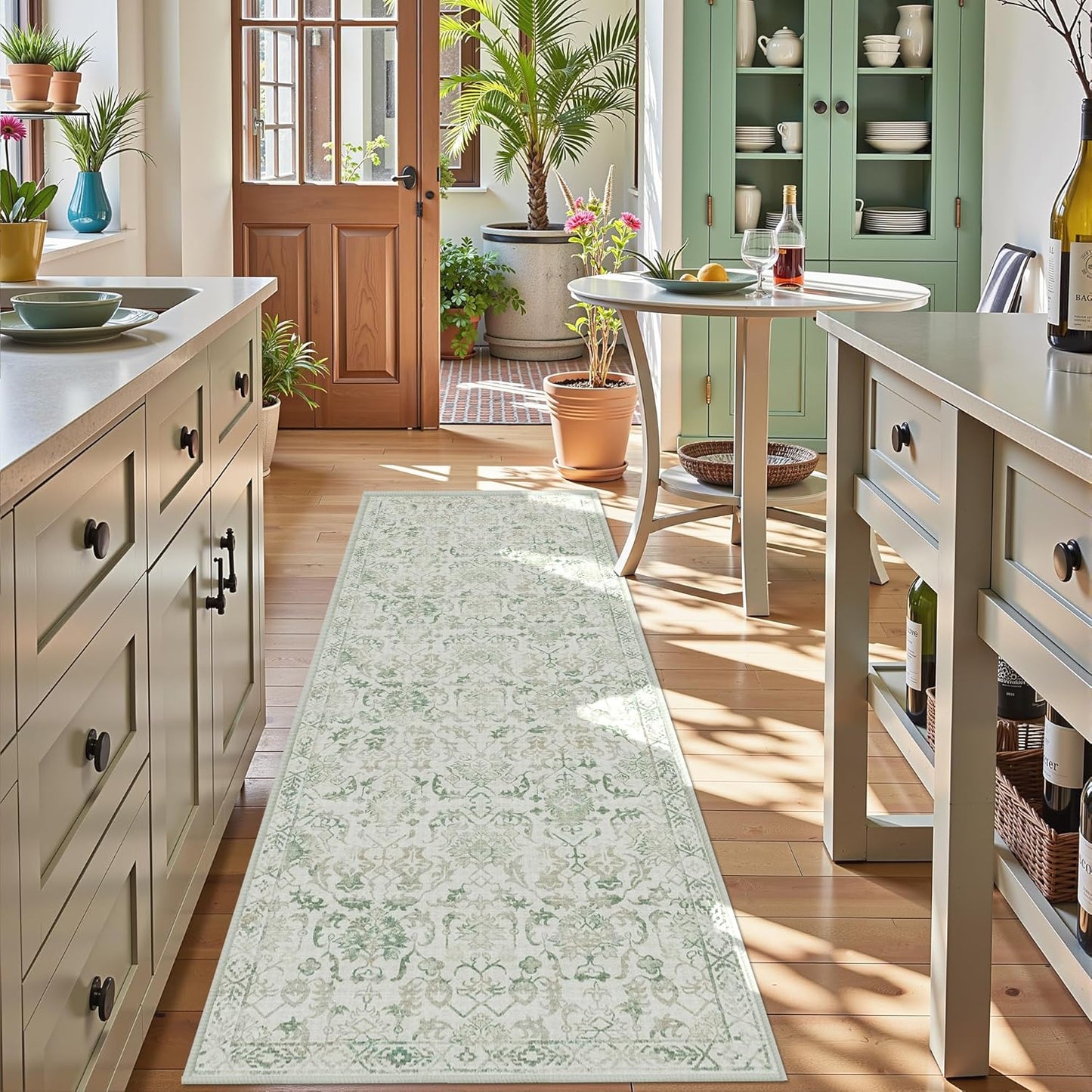 Green 3x10 Runner Rug for Hallways Bed Side Kitchen, Boho Washable Distressed Low-Pile Floor Entryway Long Bathroom Mat, Non-Slip Laundry Room Washstand Front Carpet Green 36x84 Inch
