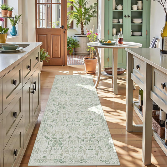 Green 3x10 Runner Rug for Hallways Bed Side Kitchen, Boho Washable Distressed Low-Pile Floor Entryway Long Bathroom Mat, Non-Slip Laundry Room Washstand Front Carpet Green 36x84 Inch