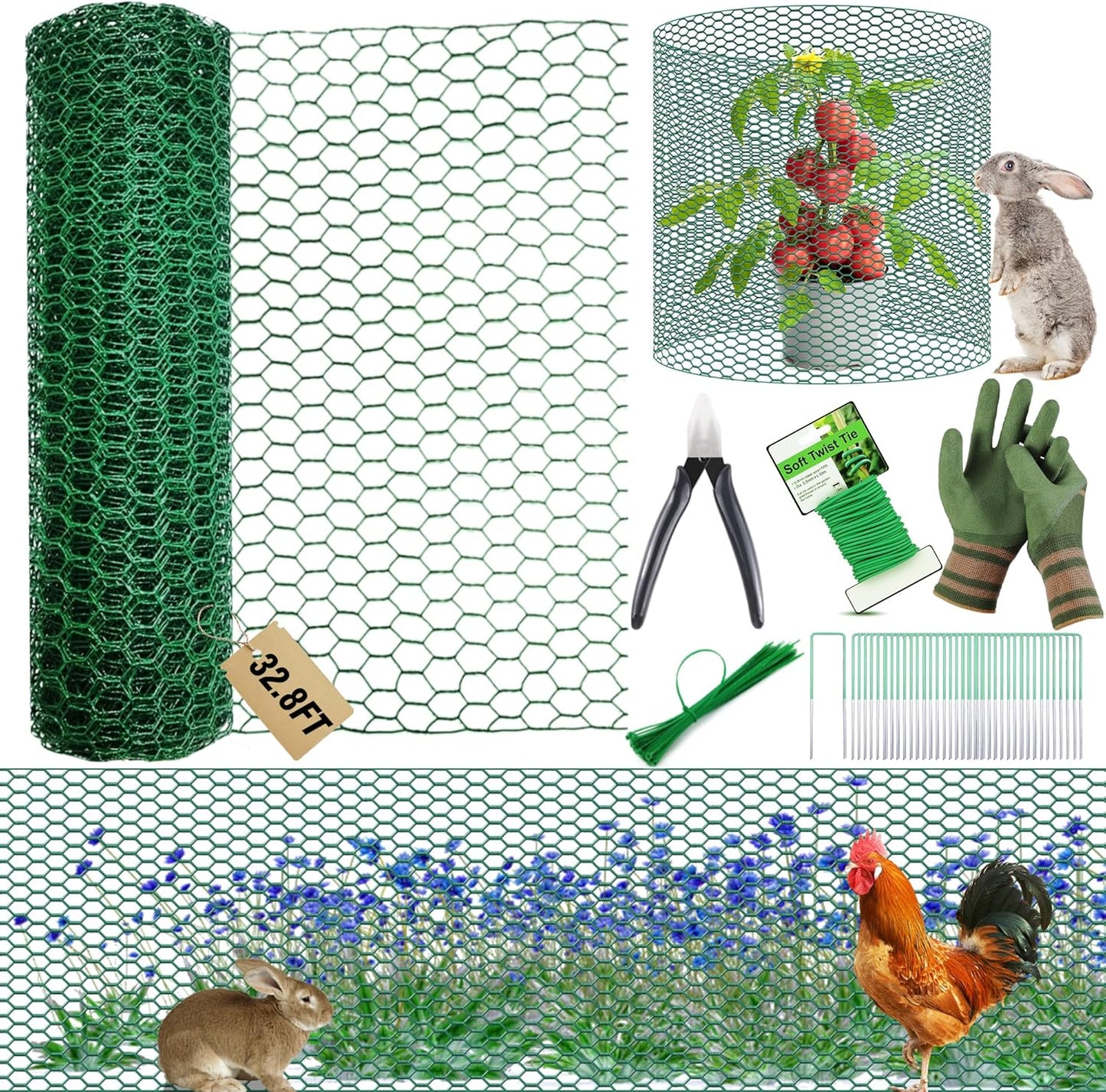 32.8FT x16Inch Plant Protectors from Animals - Wire Plant Protector Cages for Outdoor Plants, Free-Cut Metal Mesh Plant Covers Guards Fence, Chicken Wire Cloche with Ground Stakes,Zip Ties