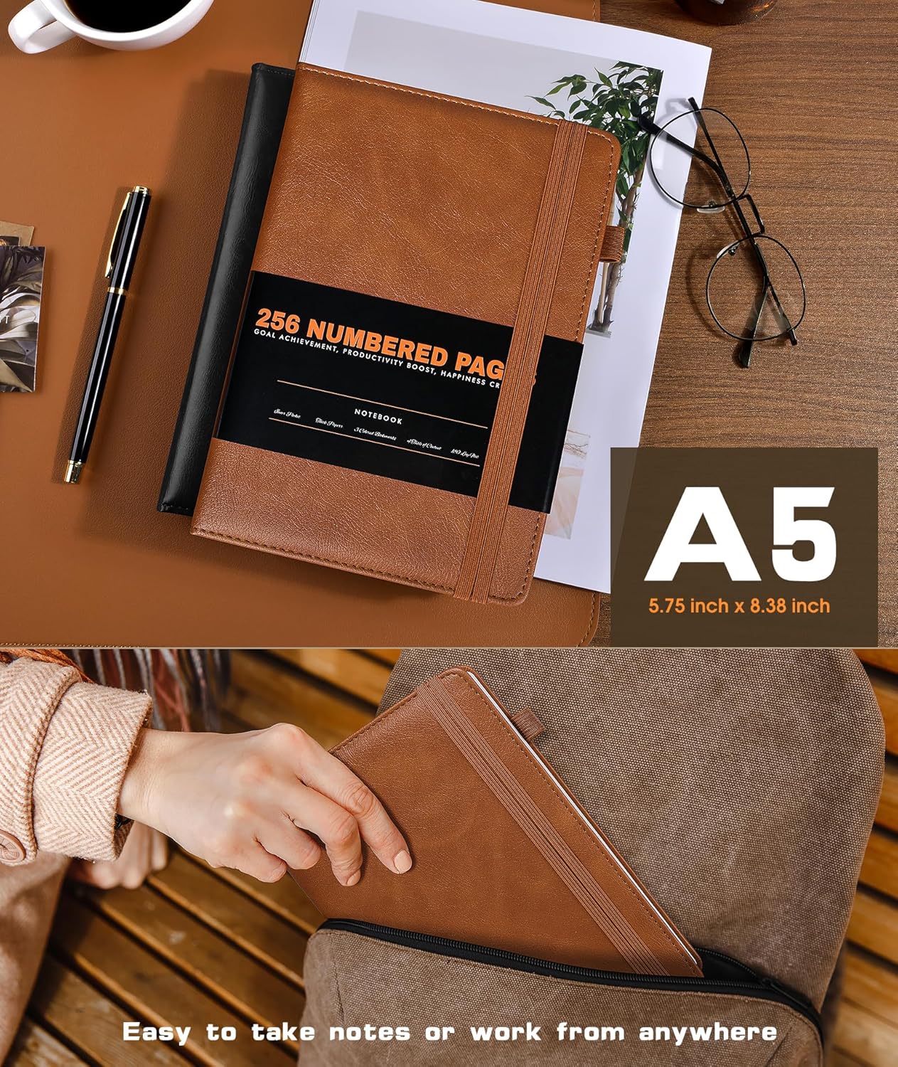 Lined Journal Notebook for Women Men, 256 Numbered Pages Hardcover Leather Journals for Writing, A5 Journaling Notebooks, College Ruled Journal for Business Work School 5.75" x 8.38" Light Brown