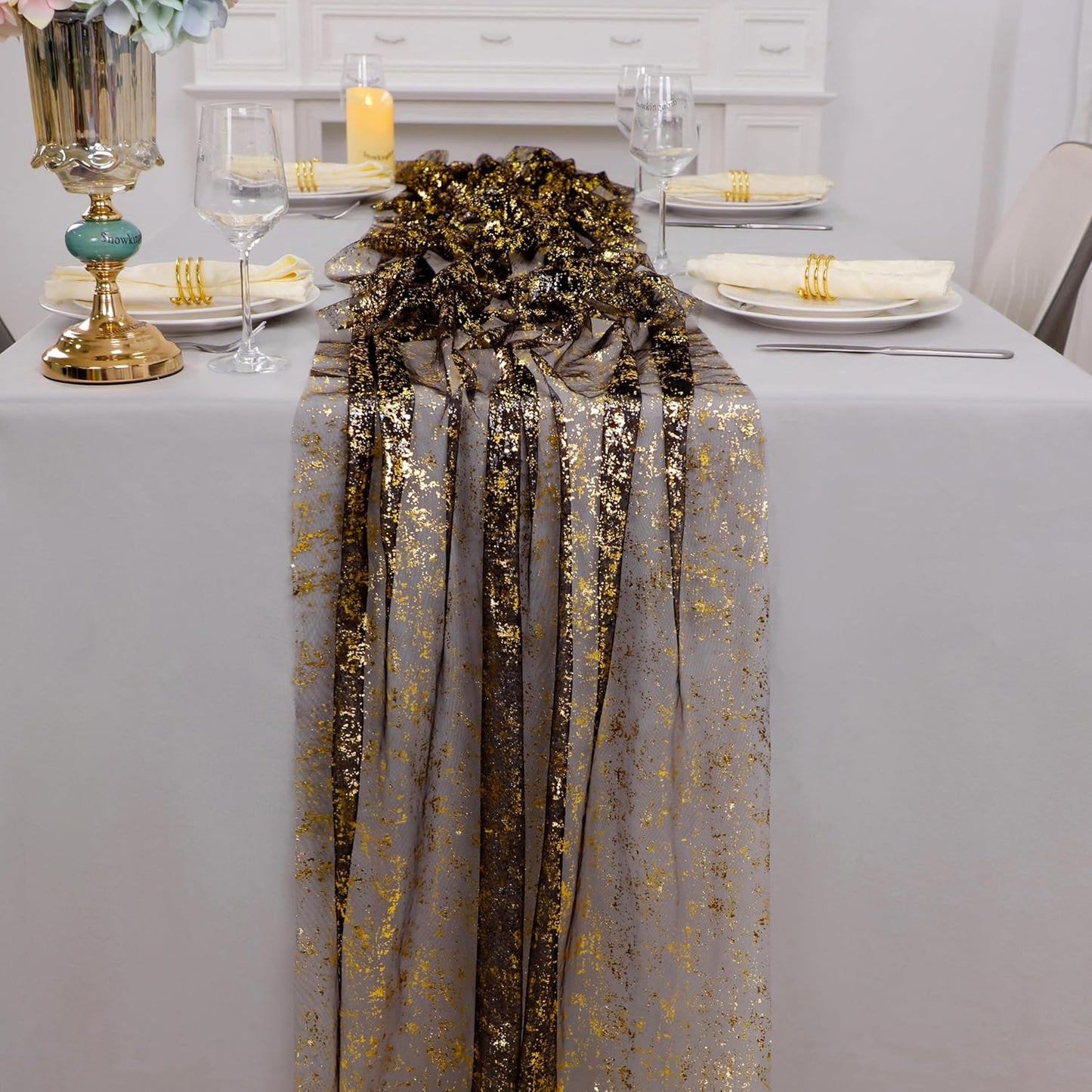Snowkingdom Black and Gold Cheesecloth Table Runner 10 FT, Sheer Chiffon Sparkle Gauze Mesh Runners 120 Inch, Glitter Table Centerpieces Decoration for Birthday Party Wedding Christmas Halloween