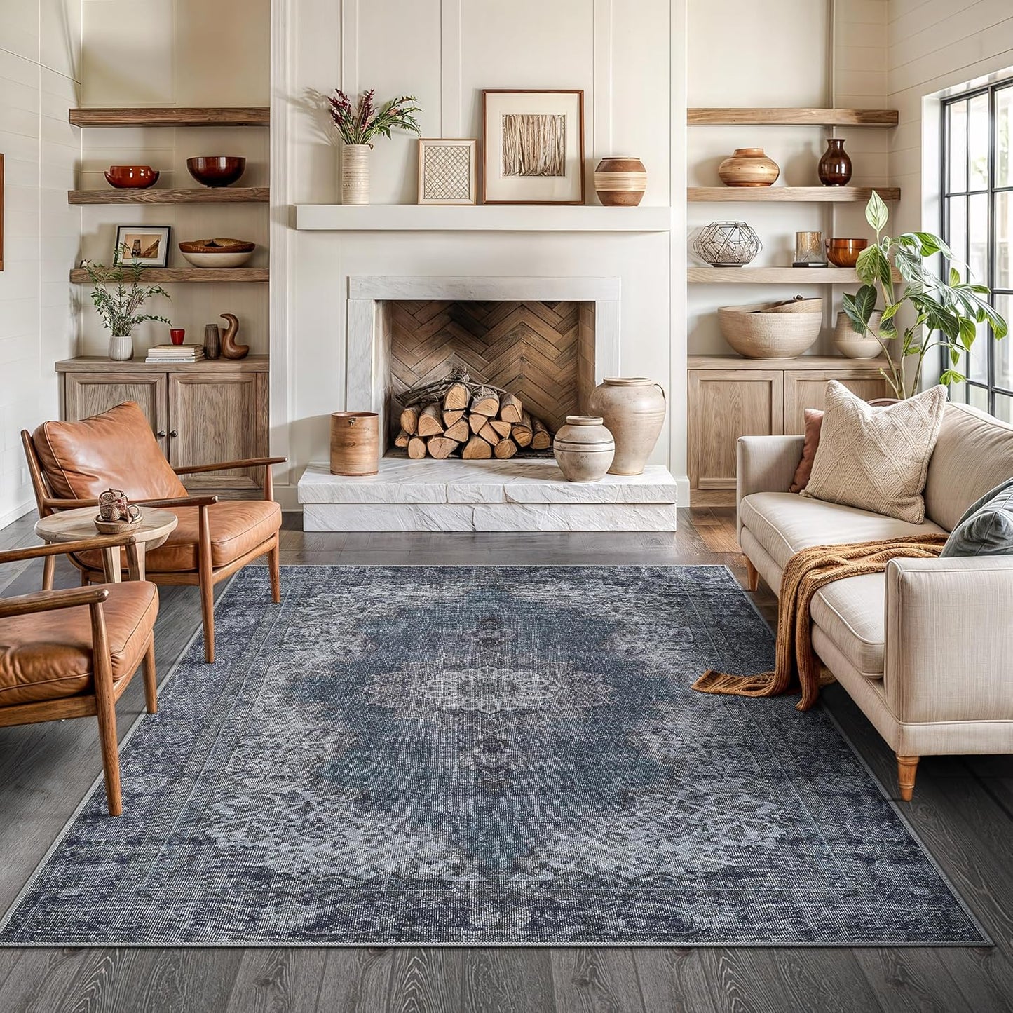 Bloom Rugs Washable Non-Slip 6' x 9' Rug - Dark Teal Traditional Medallion Area Rug for Living Room, Bedroom, Dining Room, and Kitchen - Exact Size: 6' x 9'