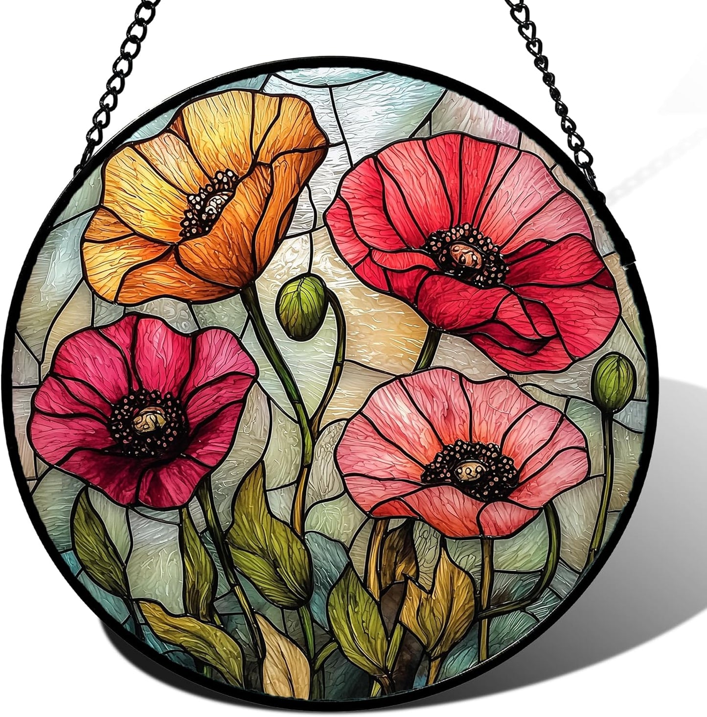 Stained Glass Suncatcher, Red Orange Poppy Flowers Sun Catcher Silver Background Wildflowers Window Hanging Decor Christmas Mother Birthday Gifts for Women Men Mom Nana 9.8 in