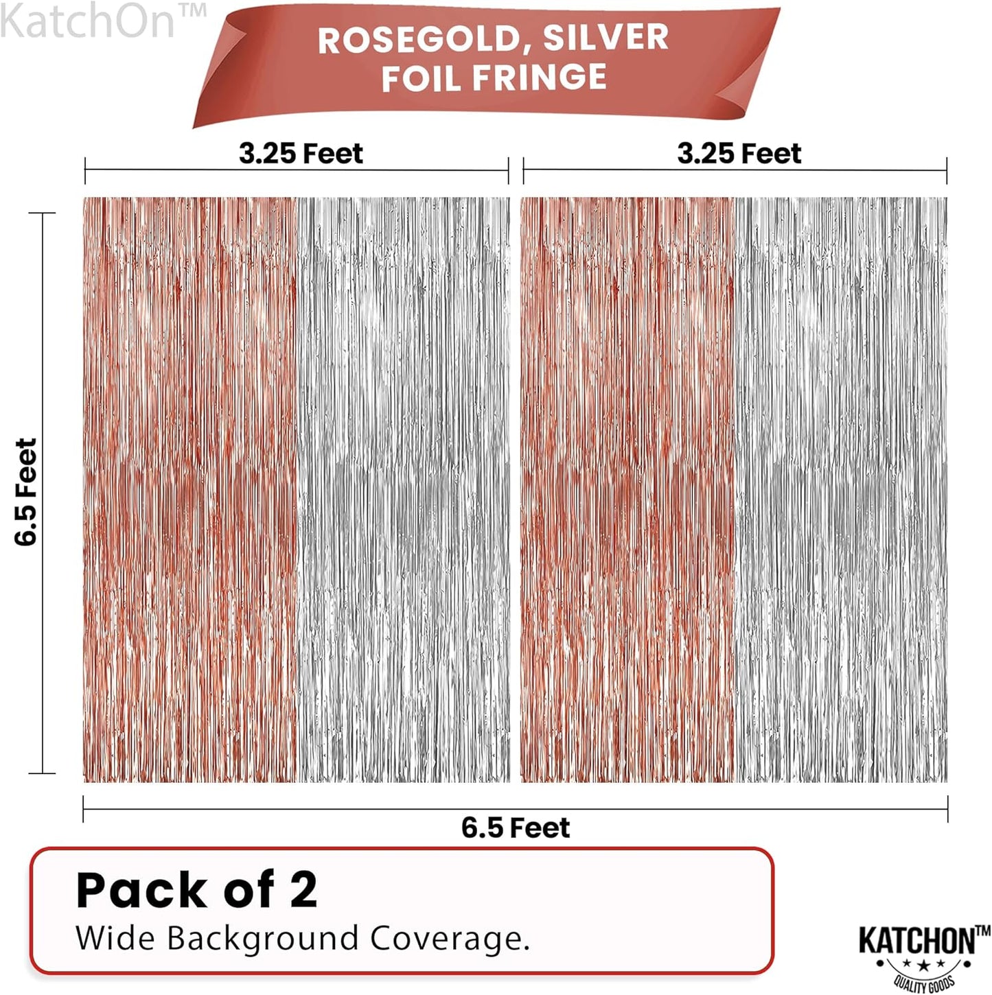 KatchOn, Large Silver and Rose Gold Fringe Backdrop, Pack of 2 | Silver & Rose Gold Streamers for Rosegold Birthday, Unicorn Party Decorations | Backdrop for Bachelorette, Bride Party Decoration