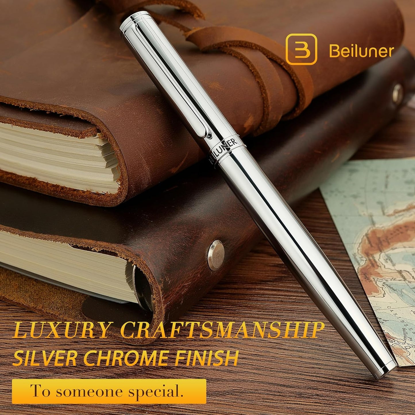 BEILUNER Silver Fountain Pen,Stunning Luxury Pens with Bright Silver Chrome, Gorgeous 24K Gilded Nib(Fine),Gift Pen Set for Men&Women -Ink Converter-Elegant, Professional, Nice Pen for Writing