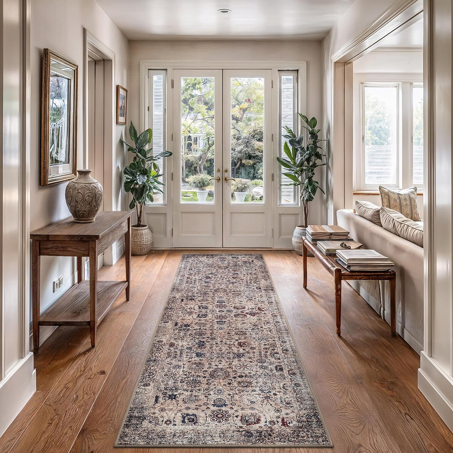 Bloom Rugs Washable Non-Slip 10 ft Runner - Light Tan/Blue Traditional Oriental Runner for Entryway, Hallway, Bathroom, and Kitchen - Exact Size: 2.5' x 10'