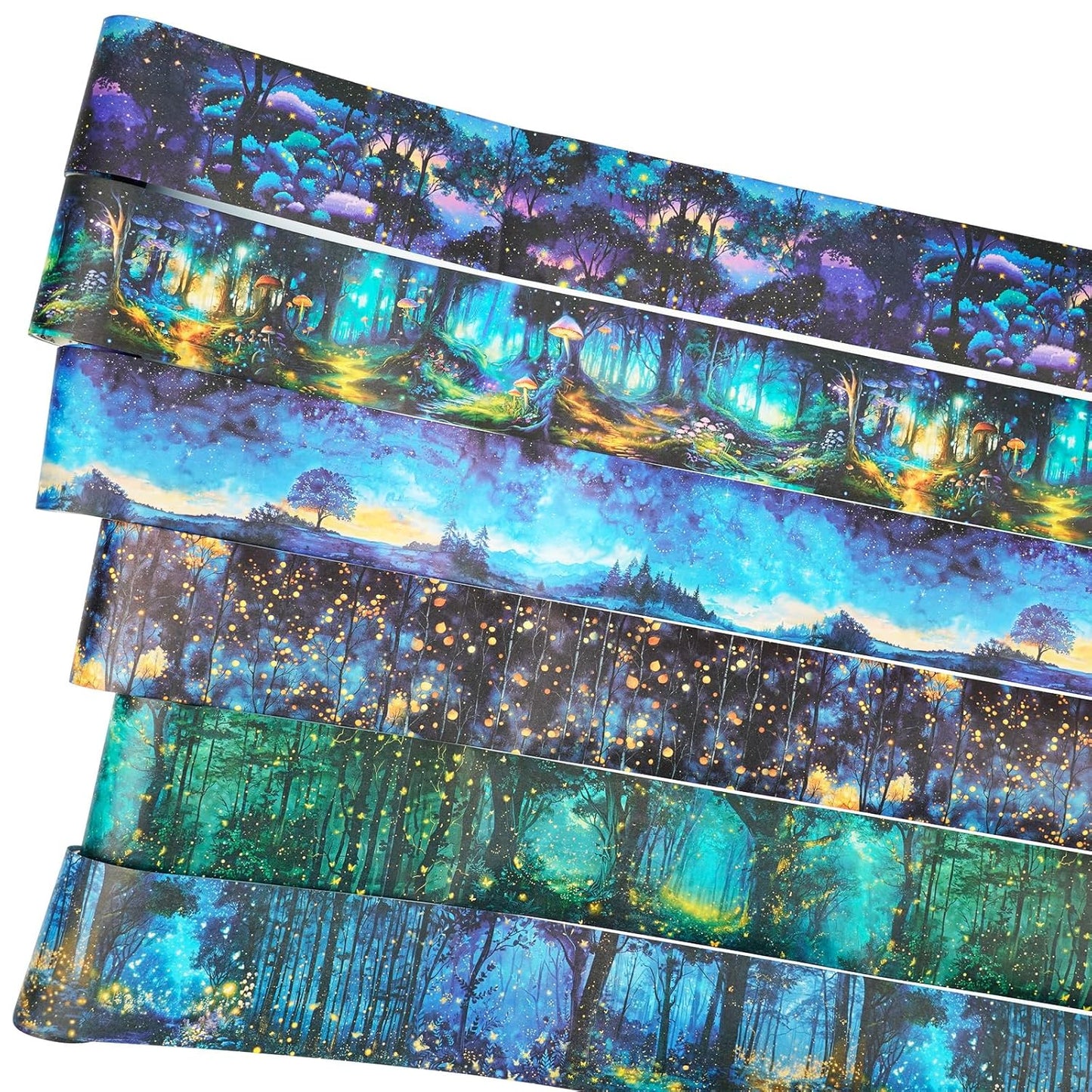 Night Forest Seamless Washi Tape Scrapbook Kit – 6 Rolls with Starry Sky, Fairy Woods & Twilight Designs for Journaling, DIY Crafts, Gift Wrapping, Card Making, Decoration, 3.15in Wide