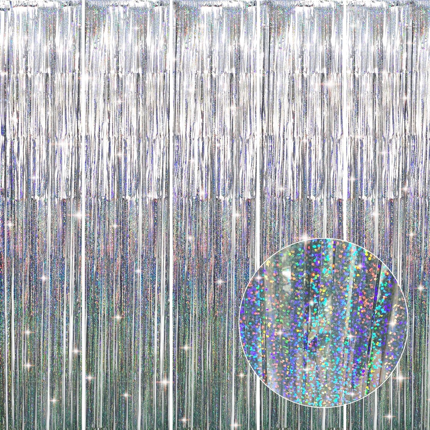 GOER 3.2 ft x 8.2 ft Metallic Tinsel Foil Fringe Curtains Party Photo Backdrop Party Streamers for Birthday,Graduation,New Year Eve Decorations Wedding Decor (5 Packs,Shiny Silver)