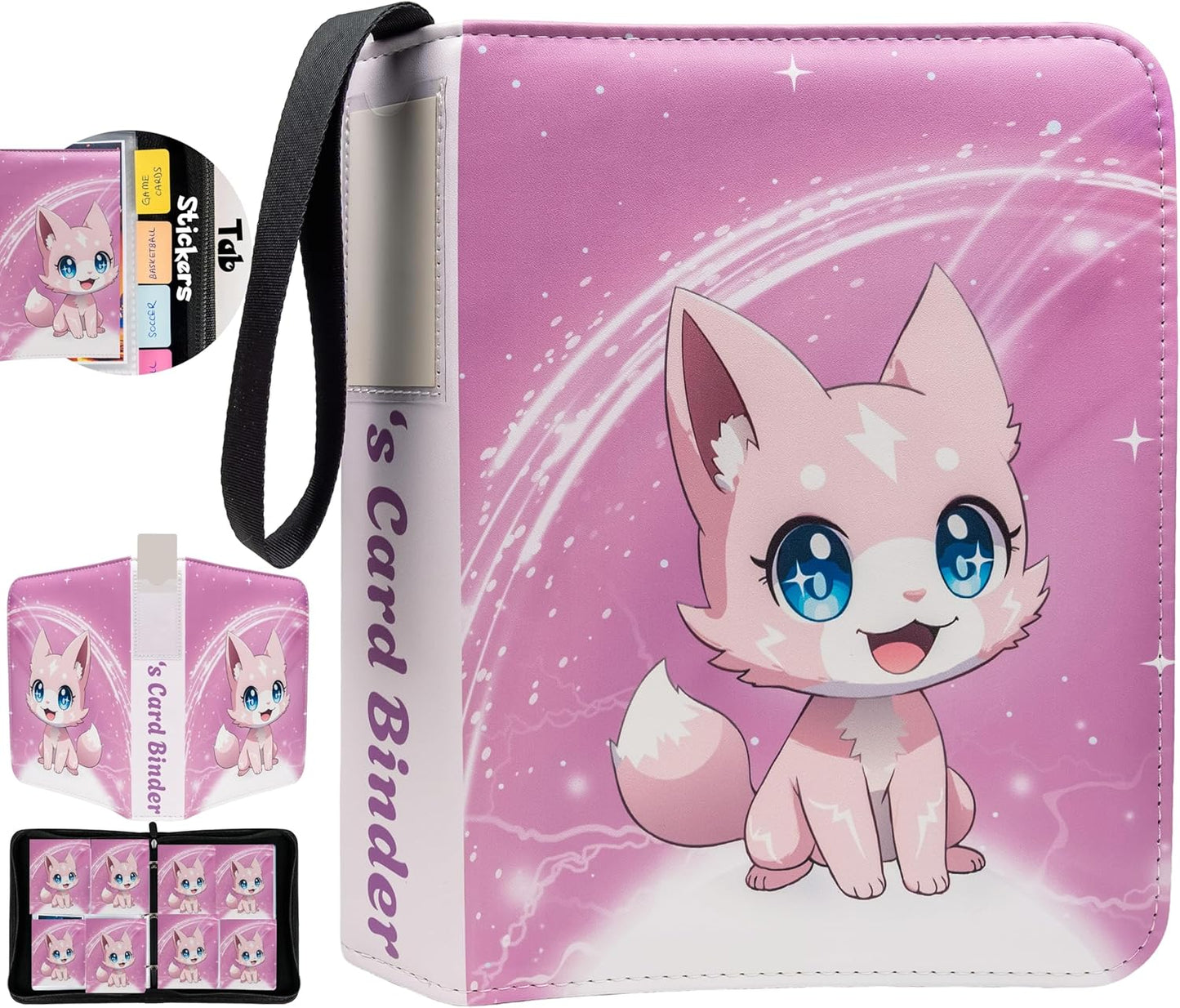 Cute Pink Trading Card Binder 4 Pocket for Girls Gifts - Includes Name Tag & Tab Stickers for Sorting - 440 Pockets Card Binders Zipper Album Book Holder - Baseball Football Sports Tcg Card Case