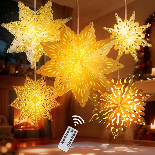 5Pcs Christmas Paper Snowflake Lanterns, Large Christmas Paper Star Lanterns with LED Lights White Beige Khaki Hanging Snowflake Lamps for Xmas Winter Frozen Wedding Birthday Holiday Party Decorations