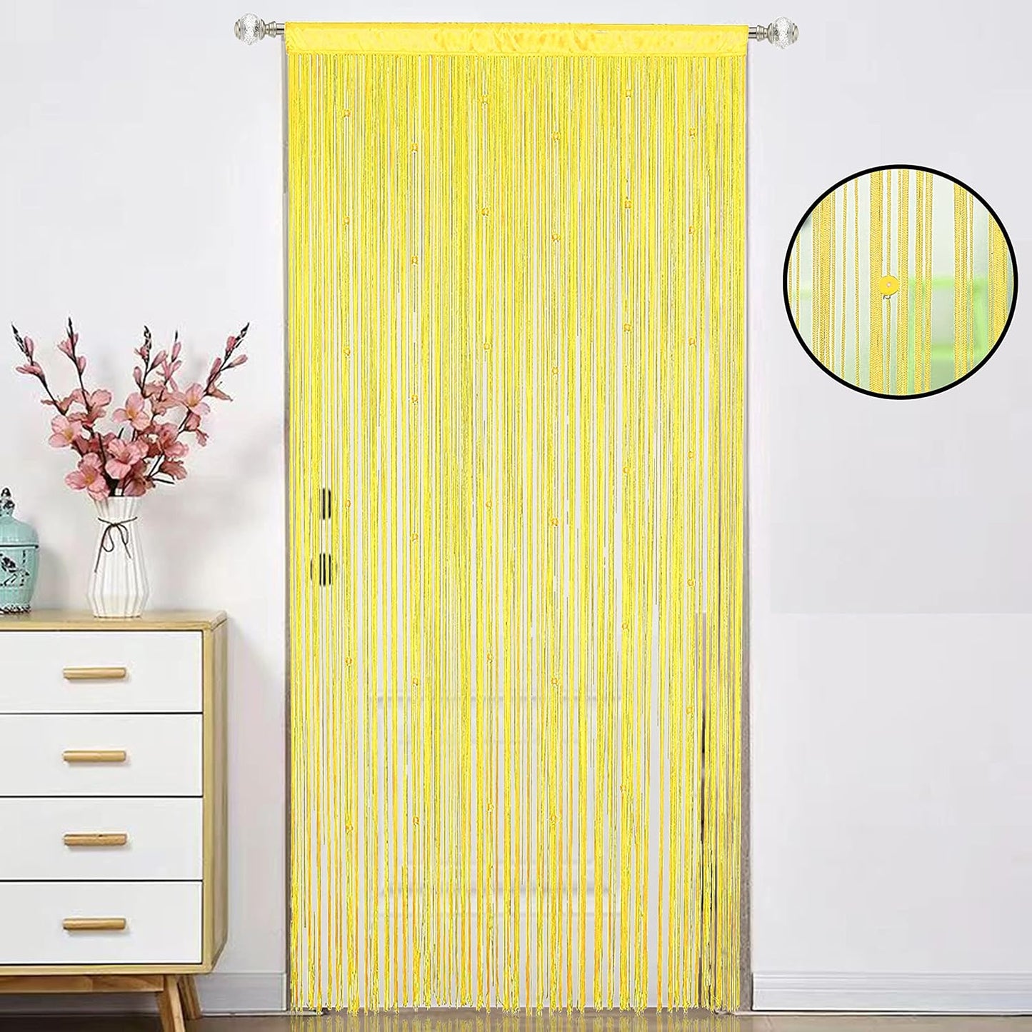 Beaded Curtain Beads Door String Curtains Ideal for Living Room Decor Wall Hanging Fringe Doorway Divider Bedroom Backdrop Hippie Window Closet Privacy Rod Pocket Dense (100x200cm,Yellow)