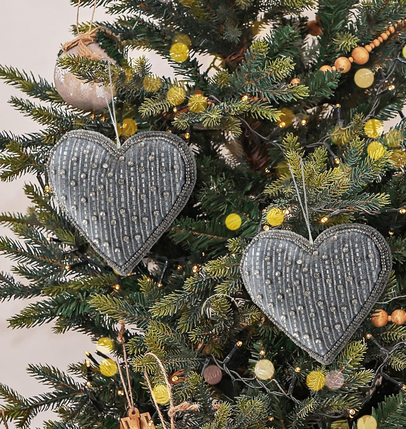 Set of 6 Beaded Heart Ornaments - Rustic Hanging Love Decorations, Farmhouse Wall Decor, Romantic Gifts for Her, Him, or Couples - Handmade Valentine’s Day & Mother’s Day Decor (Grey) - CLEENTABLE