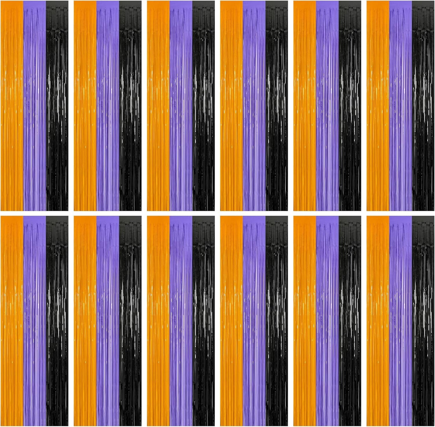 12 Pack Halloween Decor, 3.28 FT x 7.05 FT Orange Purple Black Fringe Curtains, Funny Wall Backdrop Photo Booth Backdrop Party Streamer, Halloween Foil Decorations Photo Booth Props