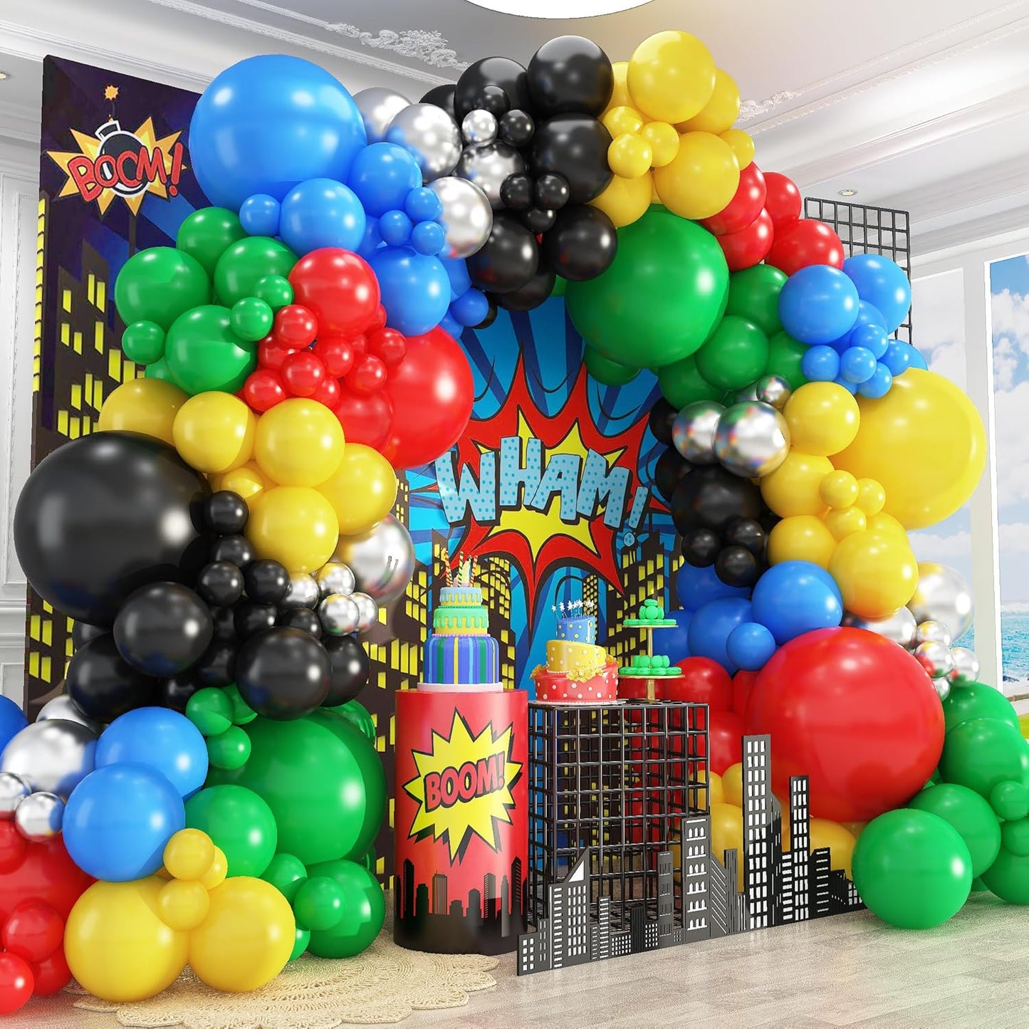 412Pcs Red Blue Yellow Green Black Balloon Arch Garland Kit, 18 12 10 5 Inch Different Size Latex Balloons for Birthday, Video Game Themed Party