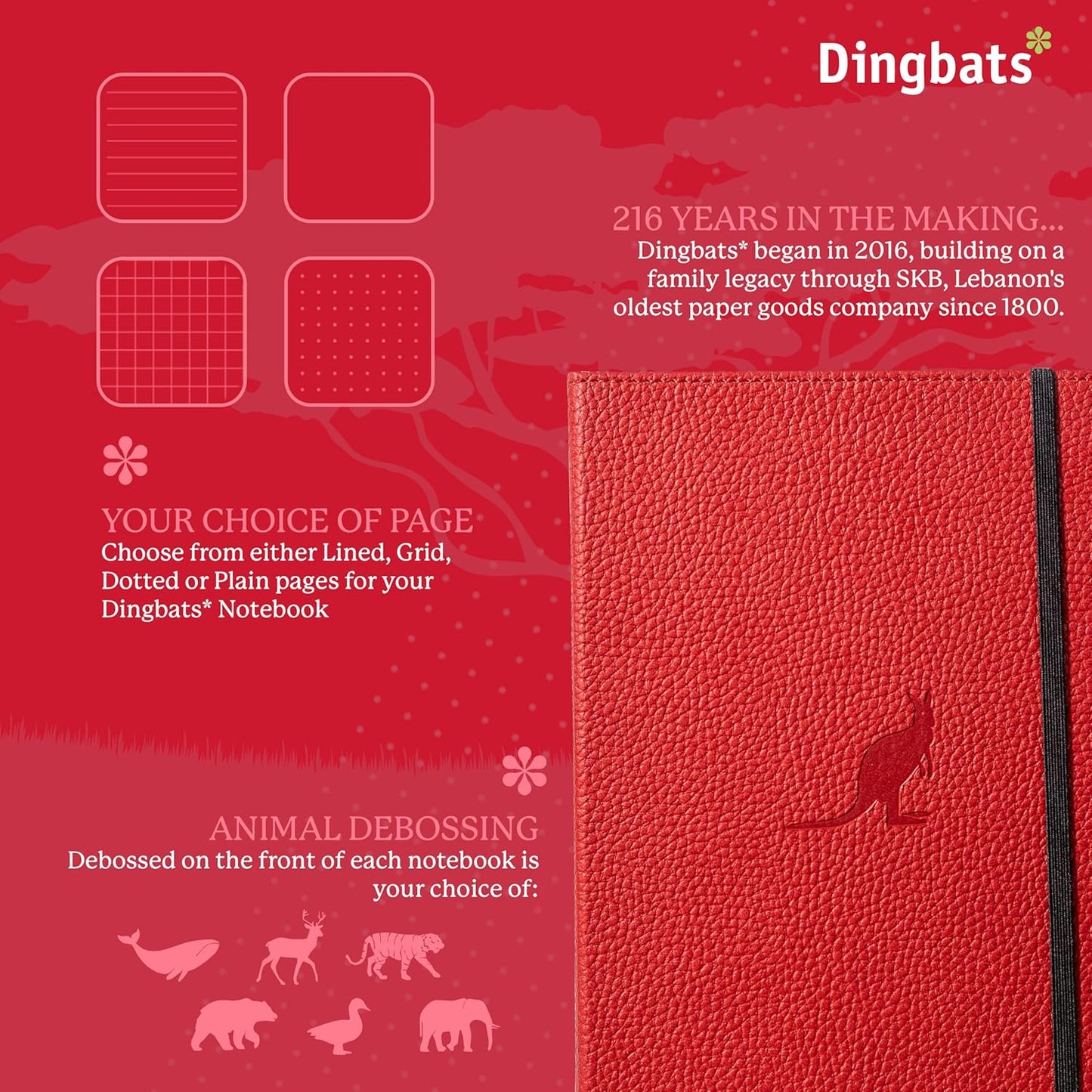 Dingbats* Wildlife Plain Journal Notebook A5 - Vegan Leather Hardcover - Ideal for Work, Travel, Writing - with Pocket, Elastic Closure & Bookmark