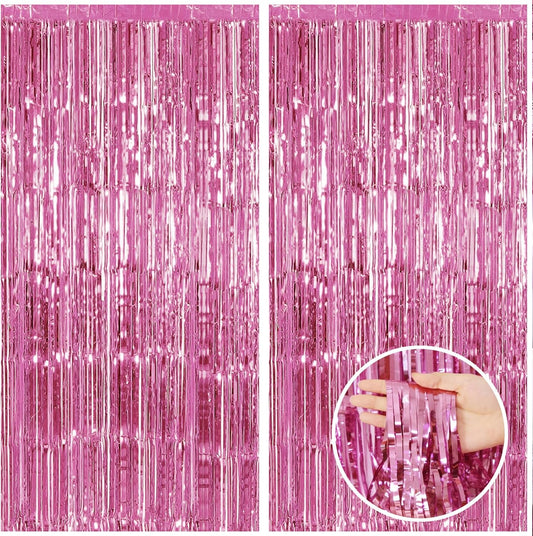 CANREVEL 2 Pack 3.3x8.2 Feet Pink Foil Fringe Backdrop Curtains, Tinsel Streamers Birthday Party Decorations, Fringe Backdrop for Girl Princess Bachelorette Euphoria Theme Party