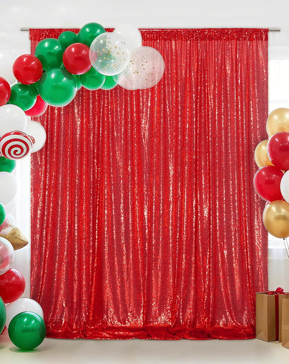 Eternal Beauty Red Sequin Backdrop, 8x10 Ft Glitter Background Curtains for Christmas Shimmer Photography Party Wedding Birthday Back Drop Decor