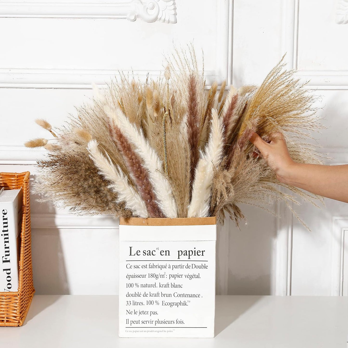 135Pcs Dried Pampas Grass Decor, Boho Home Decor, Mini Bunny Tails Dried Flowers, Fluffy Pompous Grass Bouquet Bulk for Wedding, Table, Rustic Party, Baby Shower Decorations