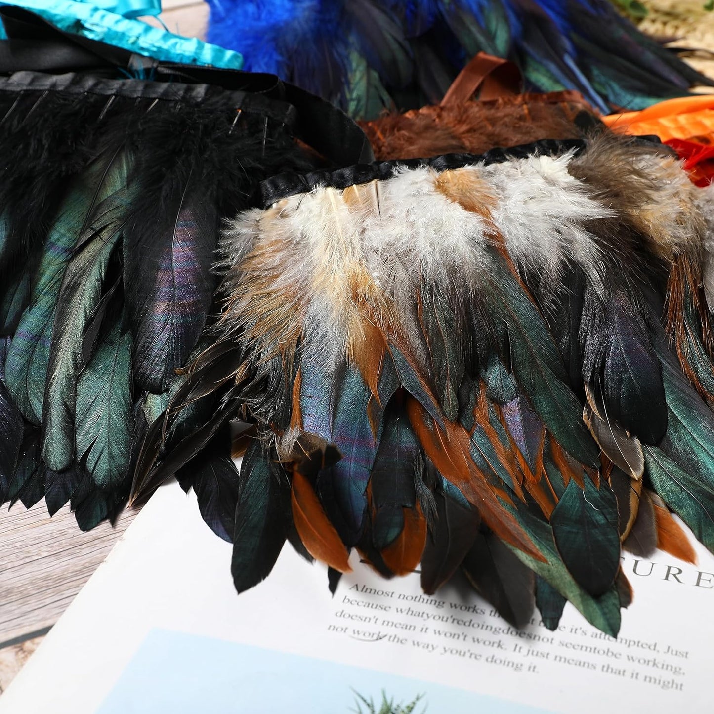 Holmgren Natural Rooster Feather Trim - 2 Yards 5-7inch Rooster Feathers Fringe Trim for Feather Shawl Cape, Gloves, Dress Costume and Home Party Decoration (Natural)
