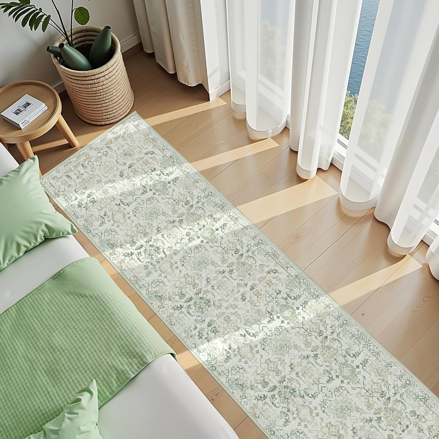 Green 3x12 Runner Rug for Hallways Bed Side Kitchen, Boho Washable Distressed Low-Pile Floor Entryway Long Bathroom Mat, Non-Slip Laundry Room Washstand Front Carpet Green 36x144 Inch