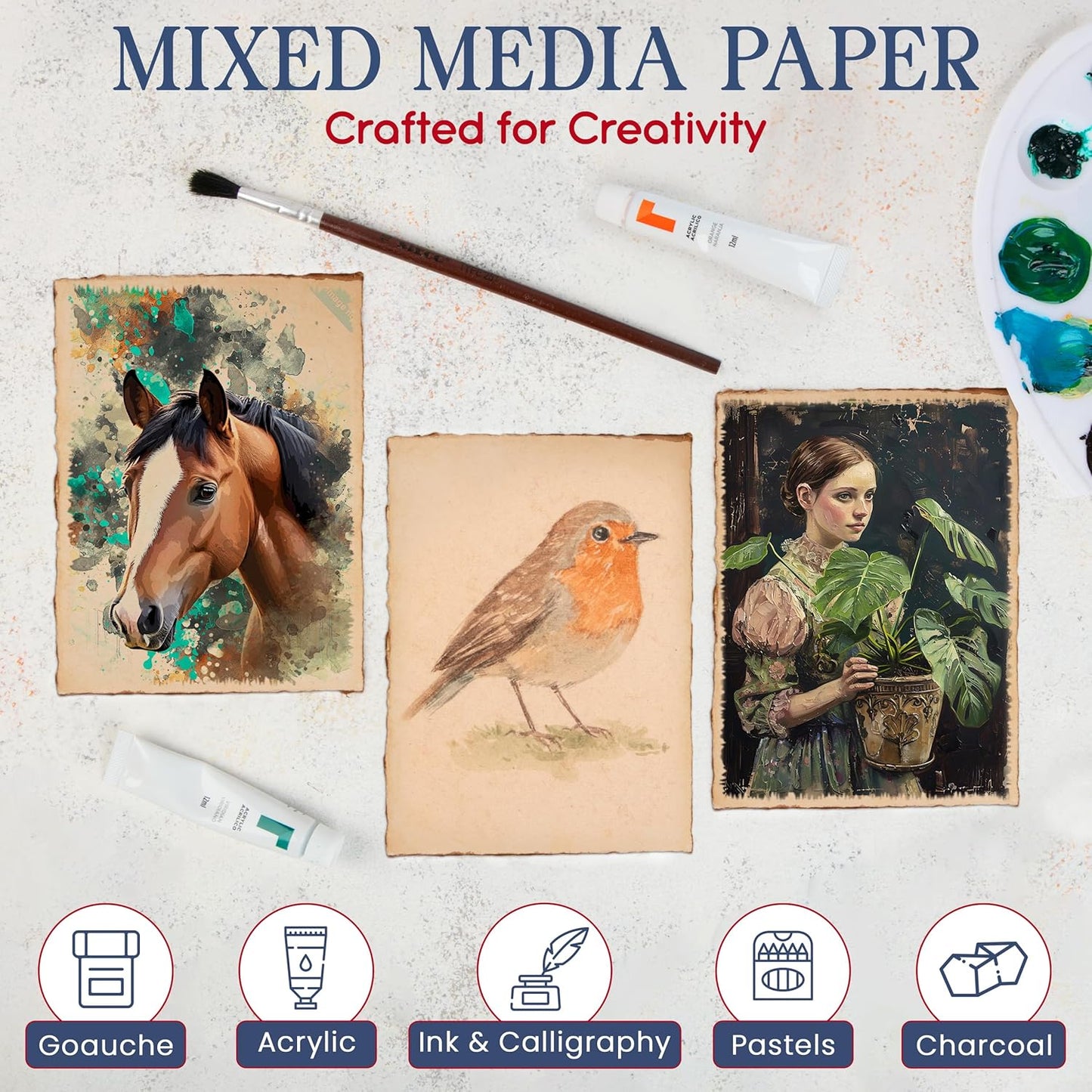 Wanderings Handmade Antique Deckle Edge Blank Paper - 8.25 x 11.7 - A4 Size Package of 50 - Recycled Watercolor Mixed Media Loose Leaf Paper for Writers Invitations Crafts - Thick 150 GSM