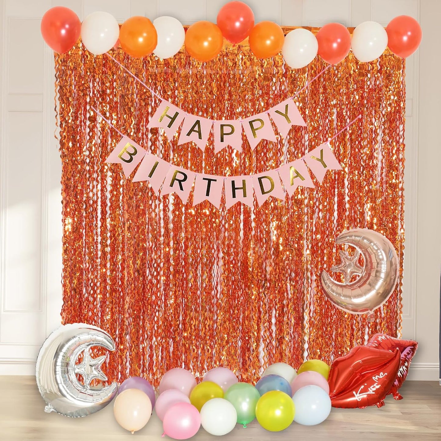 4 Pack Orange Wavy Metallic Tinsel Foil Fringe Curtains | 3.3 ft x 6.6 ft Party Streamer Backdrop Photo Booth for Orange Basketball Party Decorations Holloween Christmas